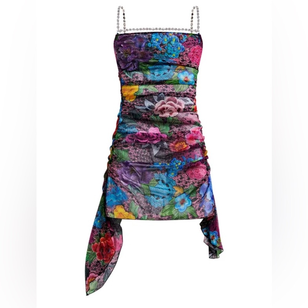 AREA Crystal Embellished Printed Tulle Mini Dress